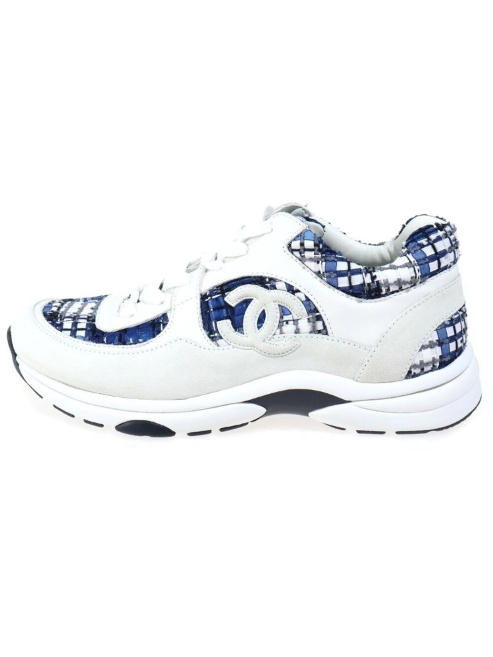 Chanel CC Logo Lace-up Leather Low-Top Sneakers White Blue